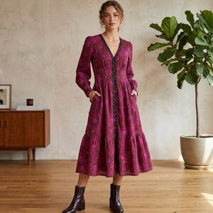 Sam Edelman Ramsey Dress V-Neck Red Pink Floral Long Sleeve Maxi Dress Large